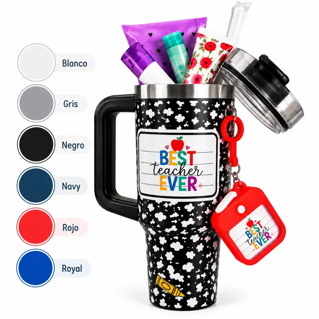 Vaso tipo Stanley en Kit: Antibacterial, Crema de manos, Mascarilla y resaltadores.